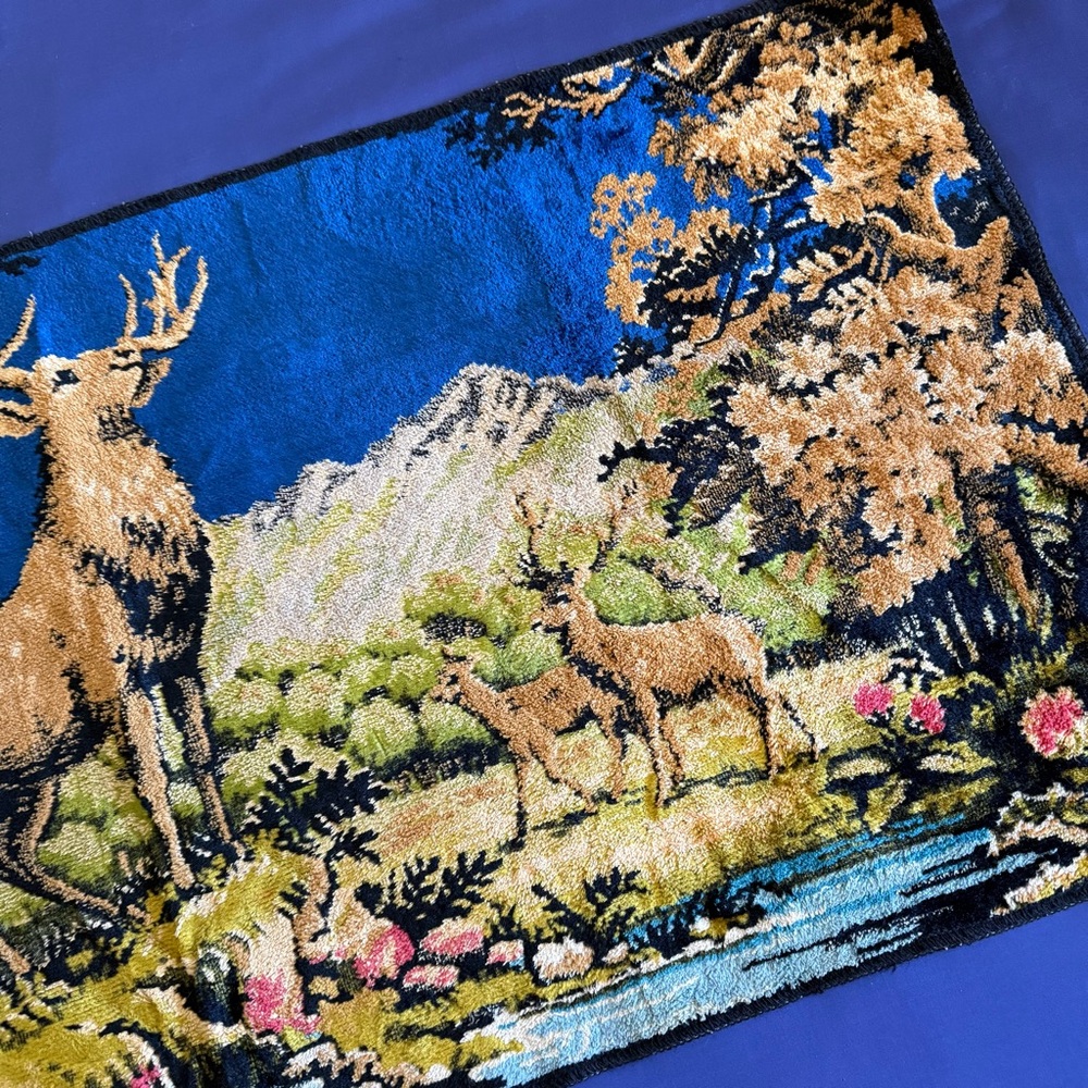 Vintage 70s Deer Stag Does Woodland Velvet Tapestry Rug Wall Picture 19x38” - Picture 4 of 5